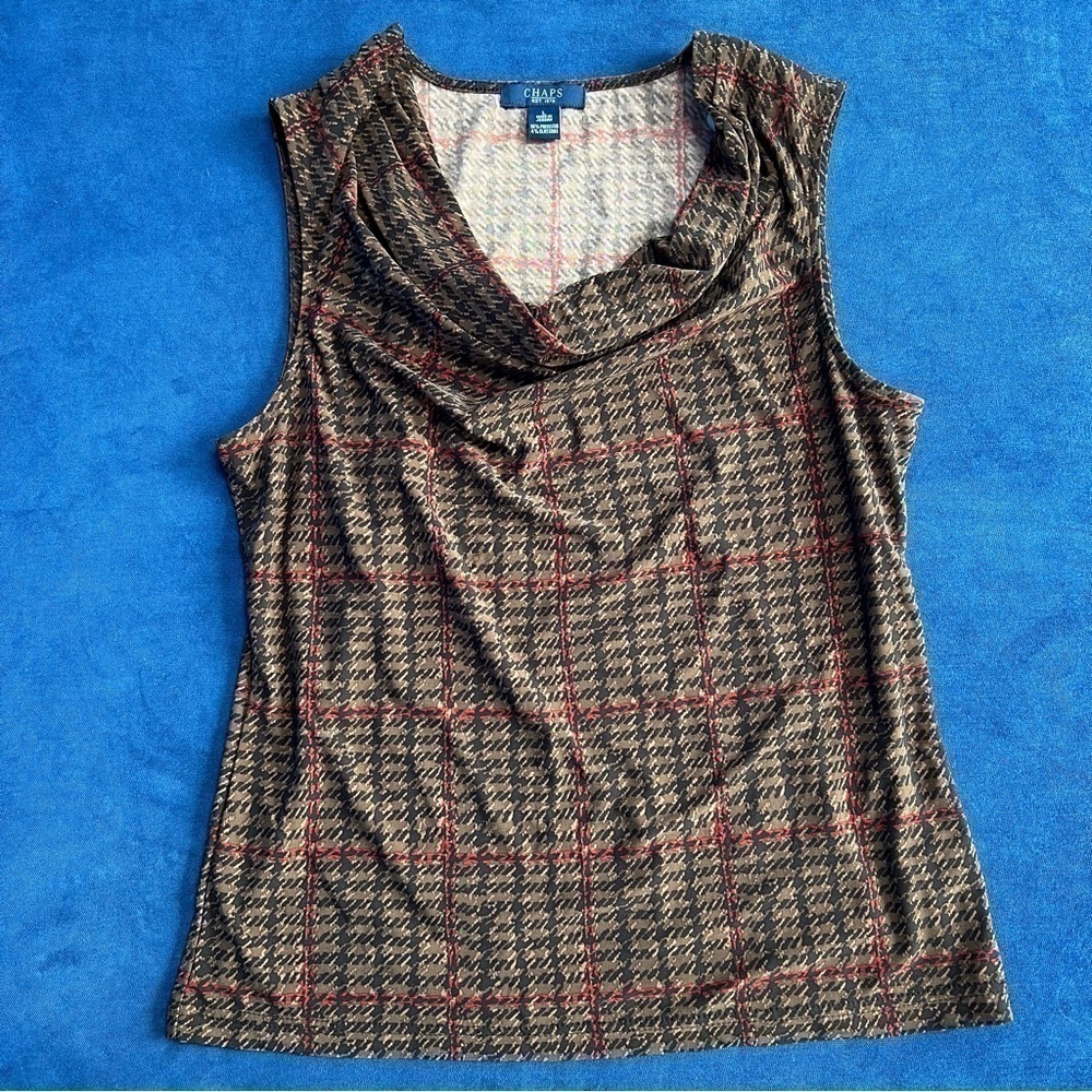 Vintage y2k 90s draped‎ collar blouse Chaps plaid sleeveless classic heritage L